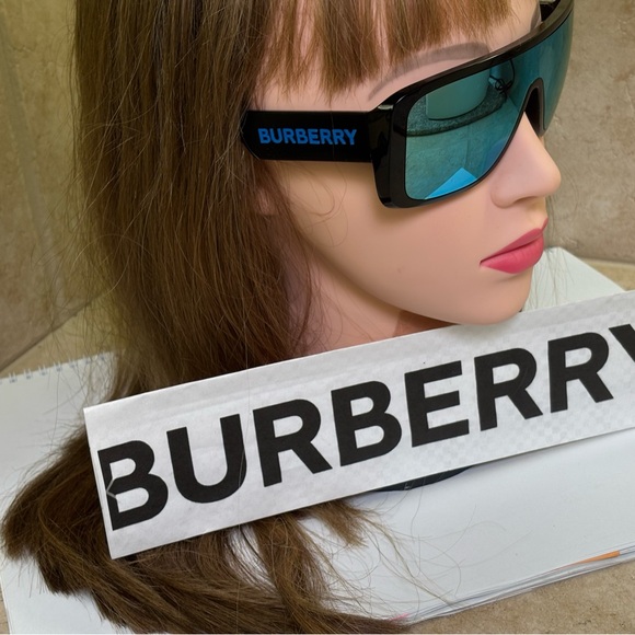 New Burberry BE4401-U 3001/55 Black Shield Sunglasses Blue Mirror Lenses - Picture 1 of 13
